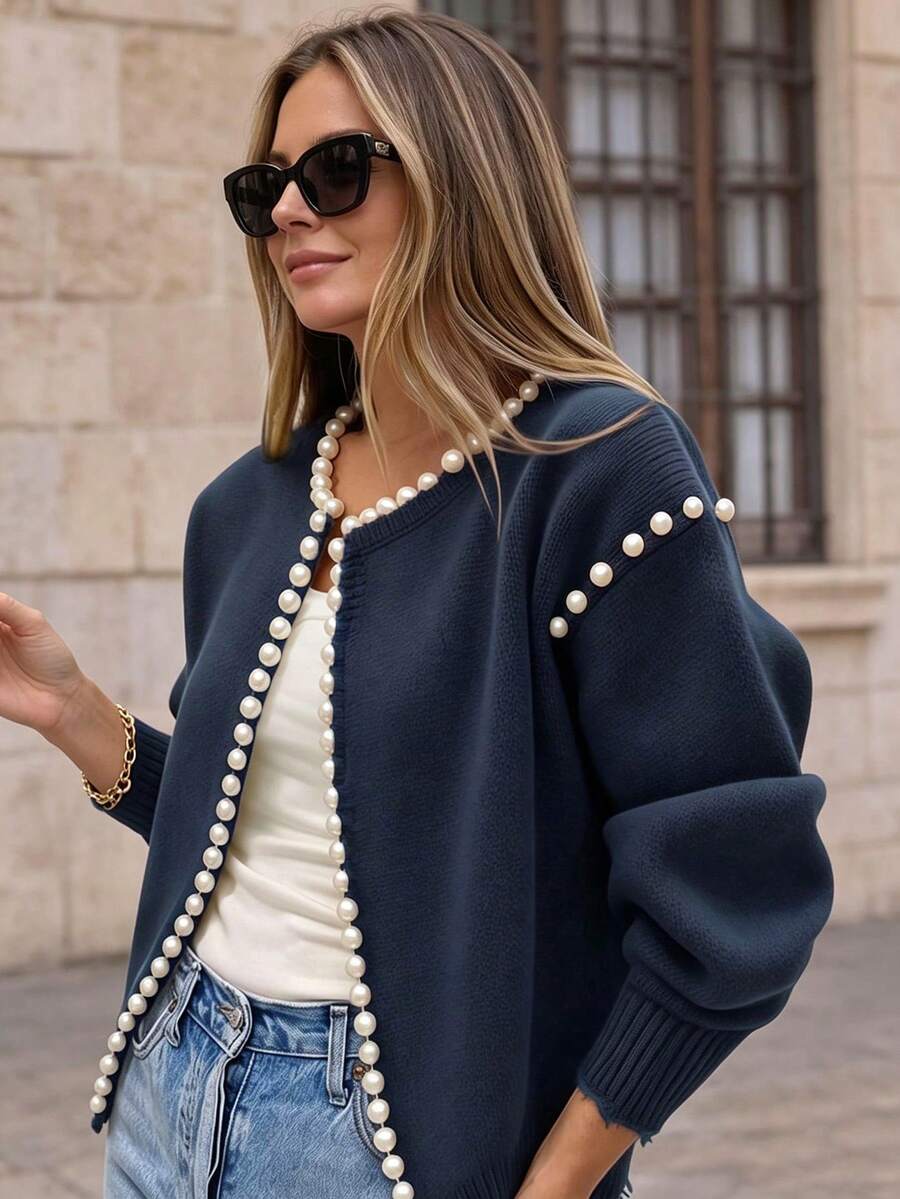 Solid Color Printed Pearl Beaded Decor Round Neck Puff Lantern Sleeve Ruffle Hem Knit Cardigan, Suitable For Dating, Daily Commute, Spring Vacation Gathering - Navy Blue - View 1