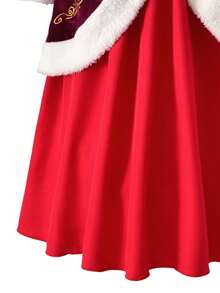 Vihyde Tween Girls Christmas New Arrival 2 Pieces Outfit, Luxe Velvet Faux Fur Trim Gold Embroidery Midi Dress With Christmas Hat Set - Burgundy - View 10