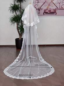 White Fashion Wedding Dress Party Hair Comb Long Lace Train Veil - White - View 2