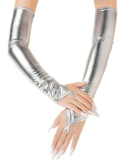 1 Pair Women's PU Long Fingerless Gloves, Shiny Long Sleeve, Silver, Sexy, Summer, Elastic Split Finger, Holiday, Cosplay, Party, Dance Performer