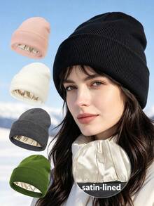 1pc Fleece Lined NYC Patchwork Knit Beanie, Unisex Winter Warm Ribbed Cuff Hat, Outdoor Cold-Proof Ski Hat - Leather Label NYC - View 2