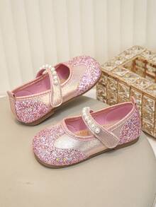 1 Pair Toddler Girls Pearl Decor Glitter Fabric Non‑Slip Round Toe Mary Jane Flat Princess Shoes For Party Daily Wear - Hot Pink - View 4