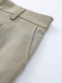Khaki Semi-Elastic Waist Pleated Straight Leg Trousers, Drapey Loose Fit Business Casual Commuter Pants For Men - Khaki - View 9