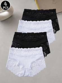 4件組女款高腰舒適蕾絲拼接內褲，優雅三角內褲 - 彩色 - 查看 2