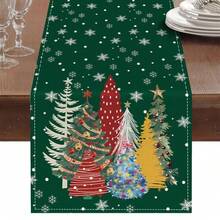 1pc Dark Green Background Christmas Tree & Snowflake Print Table Runner, Linen Texture Holiday Table Runner, For Dining Table Christmas Party Home Decor - Green - View 8