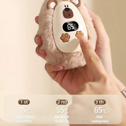Calentador de manos de peluche lindo para mascotas, ajuste de temperatura de 3 niveles, elementos de conducción de calor de alto rendimiento, protección de apagado automático inteligente, pantalla digital para temperatura y nivel de batería, compacto y portátil con agarre cómodo - Herramienta esencial de calentamiento para el invierno