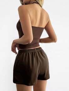 GLAMSKIN Women's Summer/Autumn Basic 2 Pieces Set, Spaghetti Strap Tank Top And Drawstring Shorts Brown Elegant - Brown - View 8