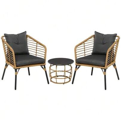 Rattan Garden Furniture Set, 3-Piece Seating Group, Incl. Coffee Table And 2 Chairs, Bistro Set With Cushions, Balcony Furniture, Sand + Dark Grey
