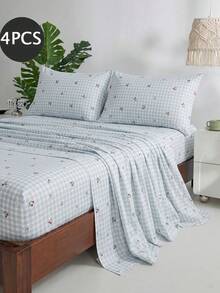 4-Piece Blue Cherry Plaid Pattern Bedding Set, Easy Care Soft Bedding Set (1 Flat Sheet + 1 Fitted Sheet + 2 Pillowcases), Fitted Sheet Set Suitable For King/Queen/Full/Twin Size, Fits 11.8 Inch Deep Mattress, Soft Breathable Wrinkle-Resistant, Back To School Dorm Bedding - Baby Blue - View 2