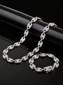 1 Set 13mm Wide Full Rhinestone Pig Nose Chain Necklace & Bracelet 2-Piece Set, Densely Inlaid Rhinestone Heavy Chain, Hip Hop Street Style Accessories, Rap Music Festival Party Unisex Gift Jewelry - Style NL2047 - View 11