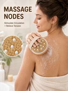1pc Bamboo Body Exfoliating Brush, Dry & Wet Use Bath Brush With Massage Ball, Reusable Back Scrubbing Ball, Suitable For Shower, Bath And SPA - Multicolor - View 3