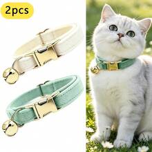 2pcs Cream + Mint Green Soft Velvet Cat Collar With Gold Bell Metal Buckle, Adjustable Size Comfortable Wear, Universal For Cats And Small Dogs Pet Neck Collar Accessory, St. Patrick's Day, Easter - Cream White & Mint Green - View 1