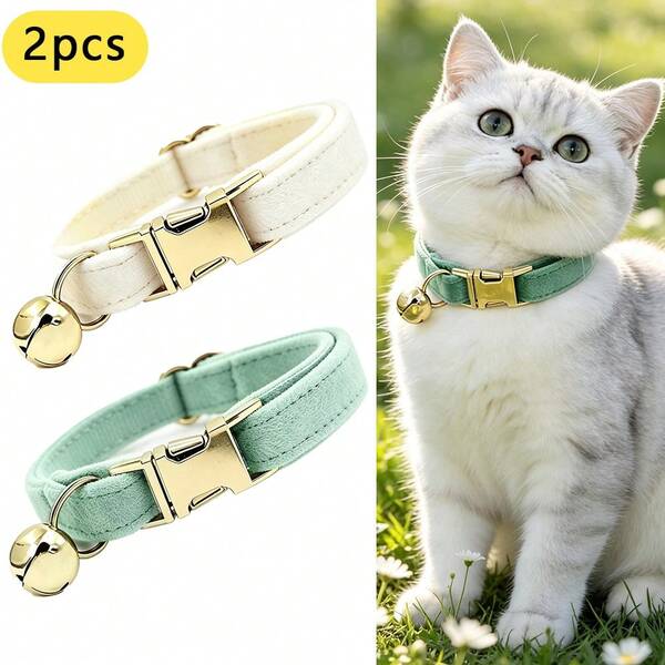 2pcs Cream White + Mint Green Soft Velvet Pet Collar, With Gold Bell Metal Buckle, Adjustable Size Comfortable Wear, Suitable For Cats And Small Dogs Pet Neck Collar Accessory, St. Patrick's Day, Easter