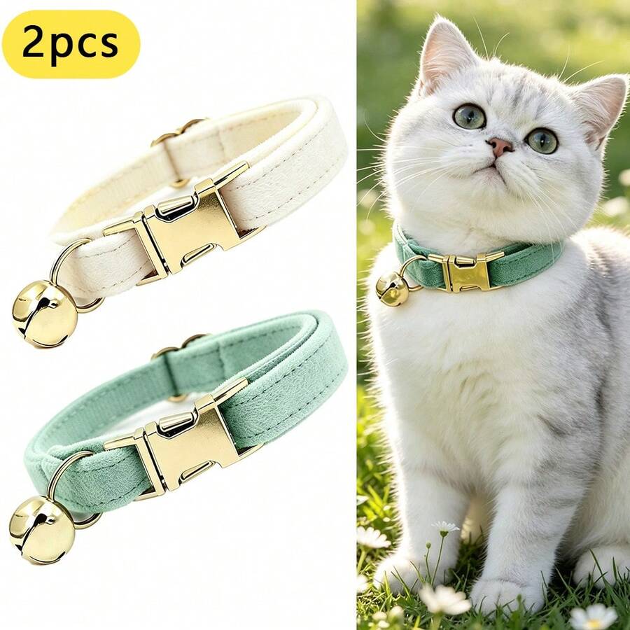 2pcs Cream + Mint Green Soft Velvet Cat Collar With Gold Bell Metal Buckle, Adjustable Size Comfortable Wear, Universal For Cats And Small Dogs Pet Neck Collar Accessory, St. Patrick's Day, Easter - Cream White & Mint Green - View 1