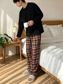 Men's Korean-Style INS Casual Basic Pajama Set, Crew Neck Long Sleeve T-Shirt Top And Plaid Faux Button Long Pants Bottom, 2-Piece Loungewear Set, Suitable For Spring, Autumn, Winter, Can Be Worn Out - Multicolor - View 6
