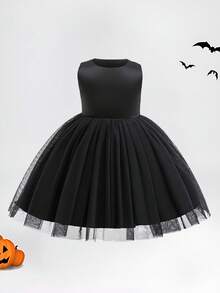 Baby Girls Round Neck Solid Color Party Tutu Princess Dress Pumpkins Ghost Cape 2pcs Set Suitable For Halloween Party, Headband Not Included - Multicolor - View 6