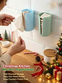 1pc Trash Bag Storage Box Plastic Bag Collector Wall-Mounted No-Drill Kitchen Convenient Pull-Out Design - Multicolor - View 4