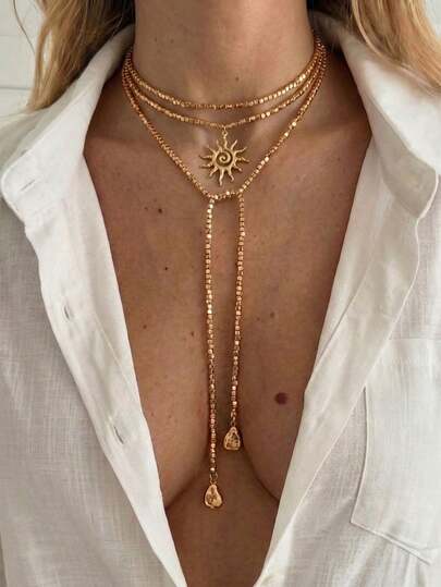 1pc Minimalist Solid Color Street Style Vintage Coin & Sun Pendant Y-Shaped Long Necklace, Sweet Square CCB Seed Bead Choker Necklace, Suitable For Parties, Vacations, Gifts, And Daily Wear