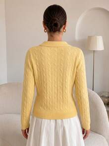 Sweater Pullover Wanita Kerah Polo Rajut Kabel Lengan Panjang Slim Fit Leher V Musim Gugur - Kuning - View 2