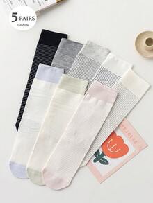 5 Pairs Women's Thin Vertical Striped Color Block Mid-Calf Slouch Socks, Minimalist Black White Gray Light Color Palette Soft Breathable All-Match Long Socks, Flattering Calf Shape, Non-Tight Non-Constricting, Versatile For Commute And Student (Random Color) - Multicolor - View 8