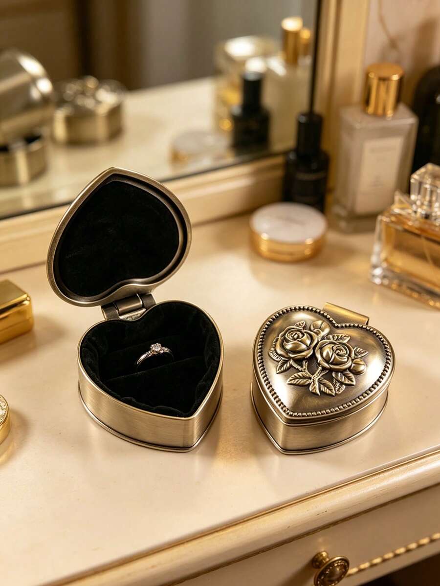 1pc Vintage Heart-Shaped Metal Jewelry Box, Embossed Rose & Floral Pattern Jewelry Storage Box, Suitable For Rings, Earrings, Wedding, Proposal, Valentine's Day Gift Box - Multicolor - View 1