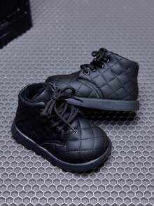 Children's Quilted Diamond Pattern Ankle Boots For Girls Lace-Up Thermal Lined Thick Sole Anti-Slip Casual Shoes For Autumn/Winter - Black - View 3