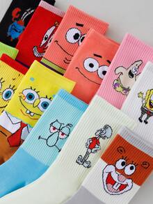 SpongeBob SquarePants 1/3/5/8/10雙隨機款 SquarePants 卡通中筒襪，適合街頭風與休閒穿搭，可愛校服與日常穿著 - 彩色 - 查看 5