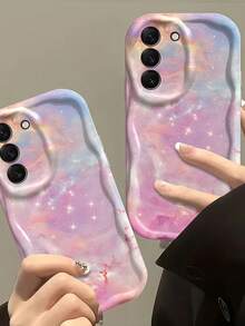 1pc Creamy Big Wave Ins Shockproof Anti-Drop Protective Phone Case, Beautiful Light Color Galaxy Star Phone Shell, Dreamy Shiny Nebula Marble Print Soft TPU Shockproof Protective Phone Case, Compatible With Android Devices Anti-Drop Protective Shell Compatible With Samsung, Series Phones - White - View 4