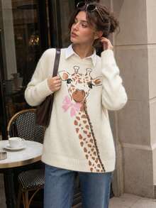 Women's Cute Giraffe Print Ribbed Knit Pullover Sweater, Long Sleeve, Regular Fit, Medium Stretch, Ideal For Autumn/Winter Fall - Apricot - View 3