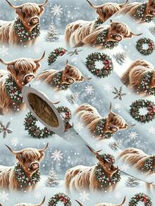 2/1 Roll Of Christmas Gift Wrapping Paper, Featuring A Calf Wearing A Wreath Pattern;Perfect For Christmas Gift Wrapping,Holiday Party Decor,Home Festive Decoration,DIY Craft,Festive Favour Wrapping Dimensions: 43 Cm X 300 Cm. - A - View 1