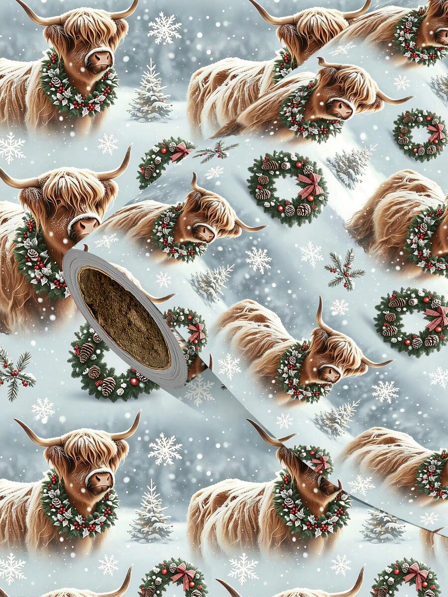 2/1 Roll Of Christmas Gift Wrapping Paper, Featuring A Calf Wearing A Wreath Pattern;Perfect For Christmas Gift Wrapping,Holiday Party Decor,Home Festive Decoration,DIY Craft,Festive Favour Wrapping Dimensions: 43 Cm X 300 Cm. - A - View 1