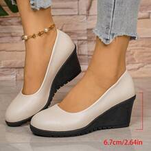 Sepatu hak wedges minimalis wanita, ujung bulat, sol tebal, menambah tinggi badan, gaya komuter musim semi/gugur, sepatu kasual serbaguna. - putih pucat - View 8