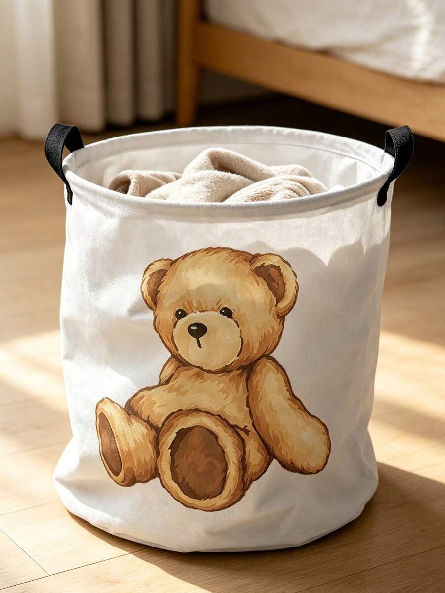 Cute Teddy Bear Print Laundry Basket, Large Capacity, Suitable For Daily Home Use, Bathroom Storage, Clothing Storage, Gift For Her, Halloween And Christmas, Practical Gift - Multicolor - View 1