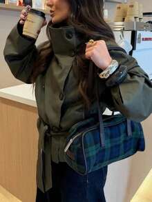 女士纯色梭织双排扣系带宽松军绿色风衣，适合秋冬季穿着 - 軍綠色 - 查看 6