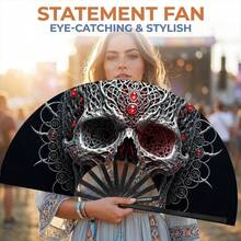 1pc Halloween Kung Fu Fan Gothic Style Exquisite Floral Skeleton Print Handheld Folding Fan, Plastic Black Ribs, Decorative Portable Fan For Daily Use And Theme Parties - One Size Fits All - View 4