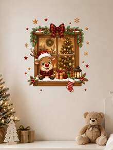 1pc Christmas Window Scene Wall Sticker Santa Claus Reindeer Peeking Through Window Christmas Tree Gift Box Holiday Window Decal Cozy Christmas Home Decor Self-Adhesive Removable Waterproof PVC Peel And Stick Wall Sticker For Home Holiday Decoration - Christmas Wall Decals - View 7