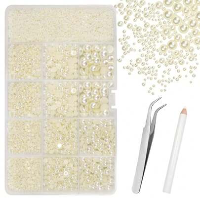 DIY Handmade Material Kit, Includes 7 Sizes (2mm-10mm) Of Ivory Cream Flat-Back Half-Round Pearl Beads, Suitable For Decorating Glass Cups, Hair Accessories, Brooches, Nail Art, Phone Cases, Wedding Dresses And Other Handicrafts, Ideal For Craft Enthusiasts, Hair Accessory Designers, DIY Lovers And Vintage Lovers, Pearl Beads Can Be Used For Making Ballet Skirts, Vintage Style Accessories And Flat-Back Loose Faux Pearl Gemstone Design Projects, Comes With Storage Box And Various Accessories