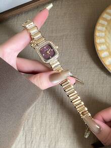 Luxury Square Gold Women's Watch, Deep Red Dial, Diamond-Studded Bezel, Minimalist Markings, Suitable As Daily Gift - Gold - View 2
