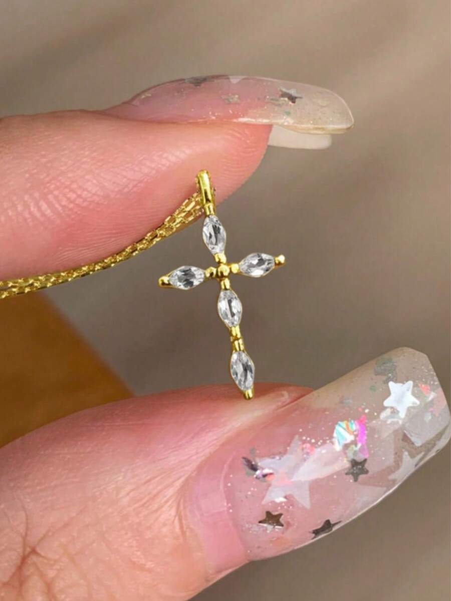 1件女款金色調銅鑲鋯石十字架吊墜項鍊，精緻項鍊，適合日常穿戴、派對、舞會與約會