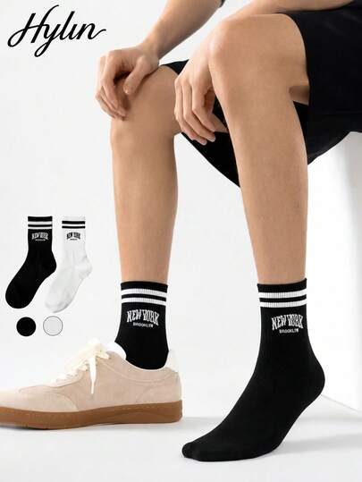 2 Pairs Men's Letter Print Mid-Calf Socks, Collegiate Style Autumn/Winter Socks, NEW YORK Print Design, High Elasticity Durable Sports Long Socks, Suitable For Home Floor, Outdoor Sports, Gym, Running