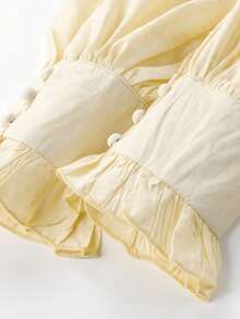 Elegant French-Style Blouse With Ruffle Trim, Ribbon Bow, Lantern Sleeves, Korean-Inspired Shirt For Early Spring, Travel, Casual And Vacation - Apricot - View 7