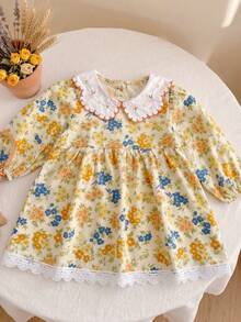 Girls' Spring/Autumn New Ditsy Floral Dress, Yellow & Blue Embroidered Peter Pan Collar Lace Trim Long Sleeve Princess Dress - Yellow - View 1