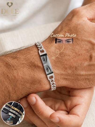 1pc Customized Couple Photo Bracelet, Stainless Steel Chain Laser Engraved Eye Photo Bracelet, Engraved Photo Jewelry Gift For Boyfriend, Anniversary/Valentine's Day Gift, Silver, Casual, For Birthdays, Personalized Gift, Gift For Him, Projection Bracelet