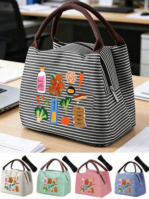 Vegetable Illustration Pattern Lunch Bag, Insulation Bag, Cutlery Bag, Travel Picnic Bag, School Office Work And Outdoor, Christmas, Halloween