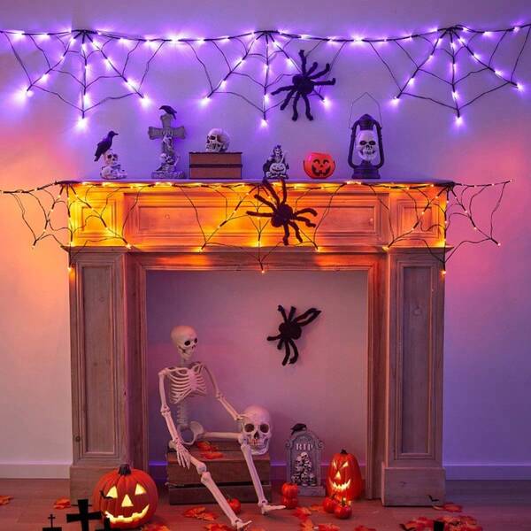 LED Spider Web Halloween Decoration In Orange Purple, 1.8M Battery Powered, 8 Lighting Model, Ideal LED Lights For Room, Halloween Decor, Or Haunted House Accents, Great For Day Of The Dead