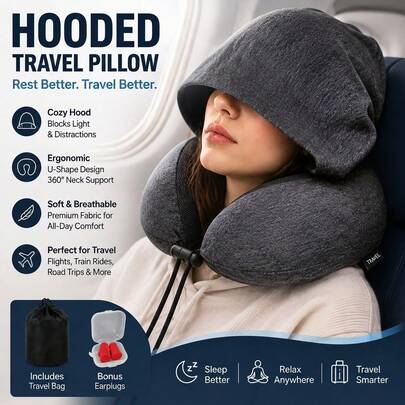 Almohada de cuello para viaje con capucha de espuma de memoria para avión | Soporte ergonómico para el cuello, cordón ajustable, diseño que bloquea la luz, funda desmontable, comodidad para vuelos largos, azul
