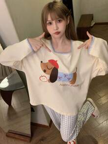 2pcs/Set Women's Pajamas Loungewear Set, Pullover Round Neck Cute Animal Print Minimalist Long Sleeve Cropped Pants, Comfortable For Home Wear - Yellow - View 4