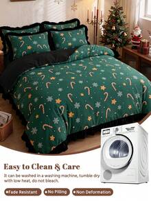 2/3pcs Ruffled Duvet Cover Set, Christmas Bedding, Green Candy Cane Snowflake Star Print Bedding Set, Cozy Room Decor, Skin-Friendly & Breathable, Supersoft& Anti-Pilling, No Insert, Fits Twin Full King Queen, All Seasons, Machine Washable - Multicolor - View 5