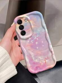 1pc Creamy Big Wave Ins Shockproof Anti-Drop Protective Phone Case, Beautiful Light Color Galaxy Star Phone Shell, Dreamy Shiny Nebula Marble Print Soft TPU Shockproof Protective Phone Case, Compatible With Android Devices Anti-Drop Protective Shell Compatible With Samsung, Series Phones - White - View 2