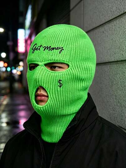 1pc Unisex Embroidered Decor Knitted Balaclava Mask Beanie With Knitted Gloves, For Autumn Winter Outdoor Travel Skiing, Cycling, Hiking And Climbing